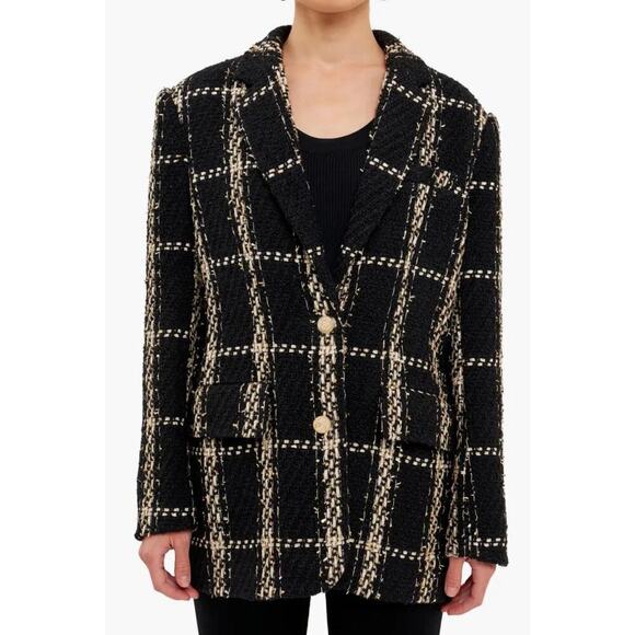 Anthropologie Endless Rose Woman Black Premium Plaid Oversize Tweed Bla… - Picture 1 of 12